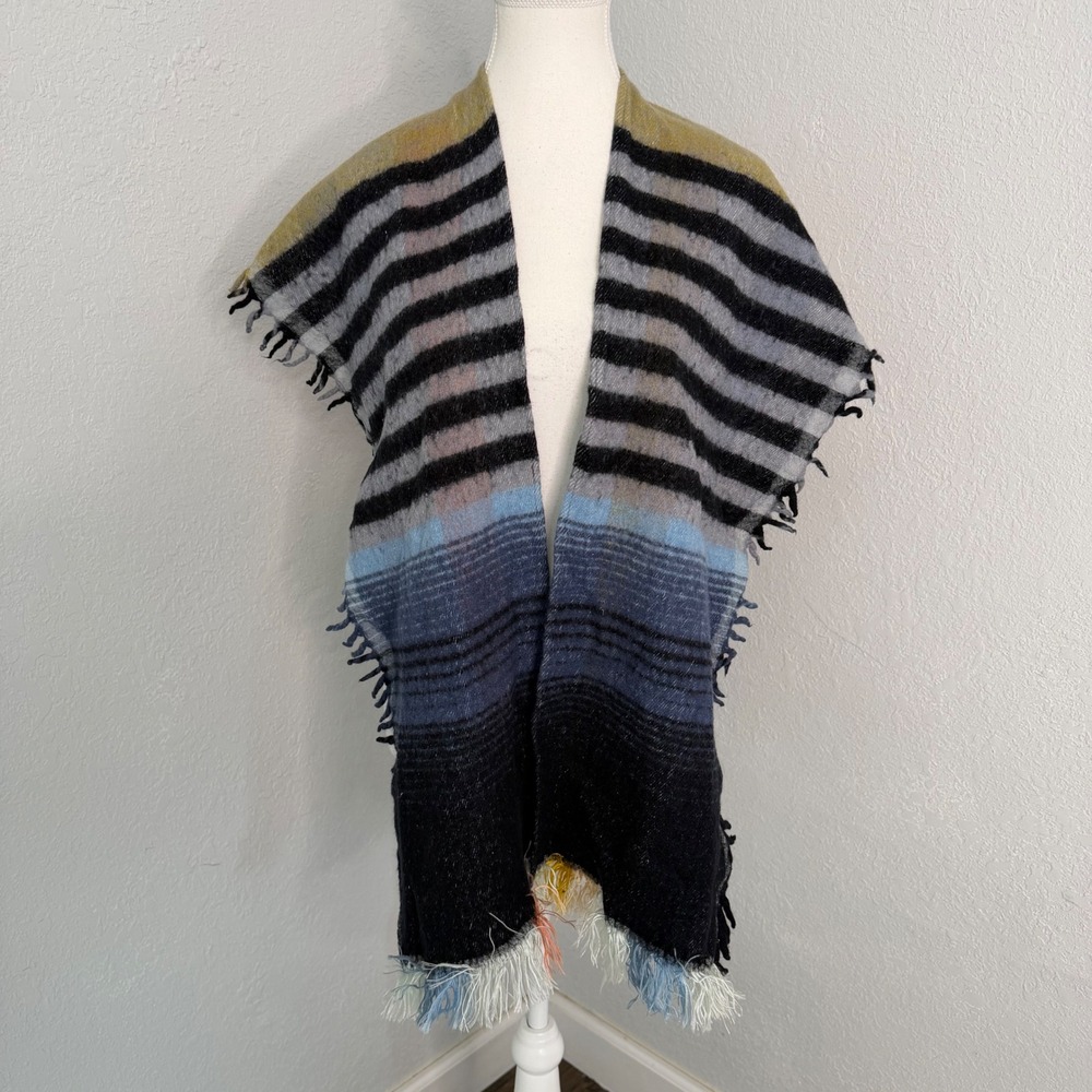 Anthropologie Striped Wool Blend Fringe Poncho Wrap Multiโ Color OS 20383-1-1